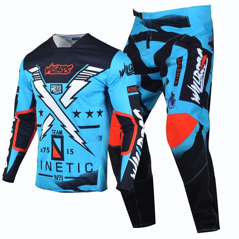 Willbros Motocross Jersey Pants Combo Offroad Dirt Bike Riding MX Gear Set Protective Suit Racewear Blue Jersey M Pants 32